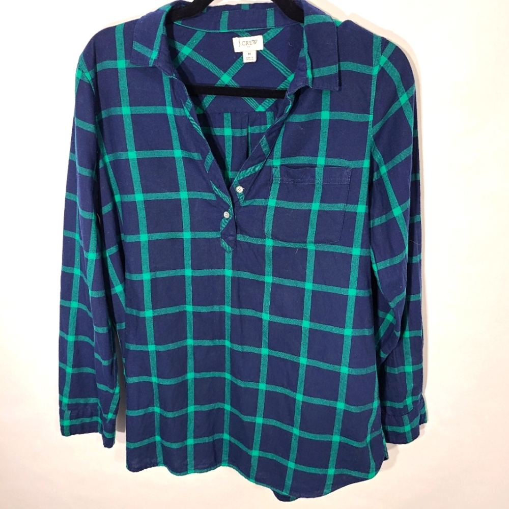 J Crew Women's Medium M Blue and Green Buffalo Check Shirt 1/4 Button Up